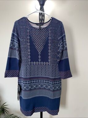 BCBGMaxAzria Navy Patterned Knit Dress with Pink and White Accents